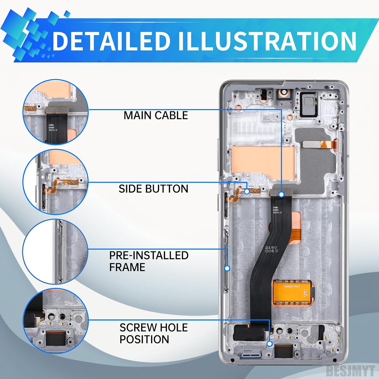 AMOLED Screen Replacement for Samsung Galaxy S21 Ultra 5G OLED Display Touch Digitizer Full Assembly with Phantom Silver Frame and Side Button Glass Repair Tools Kit SM-G998U SM-G998U1