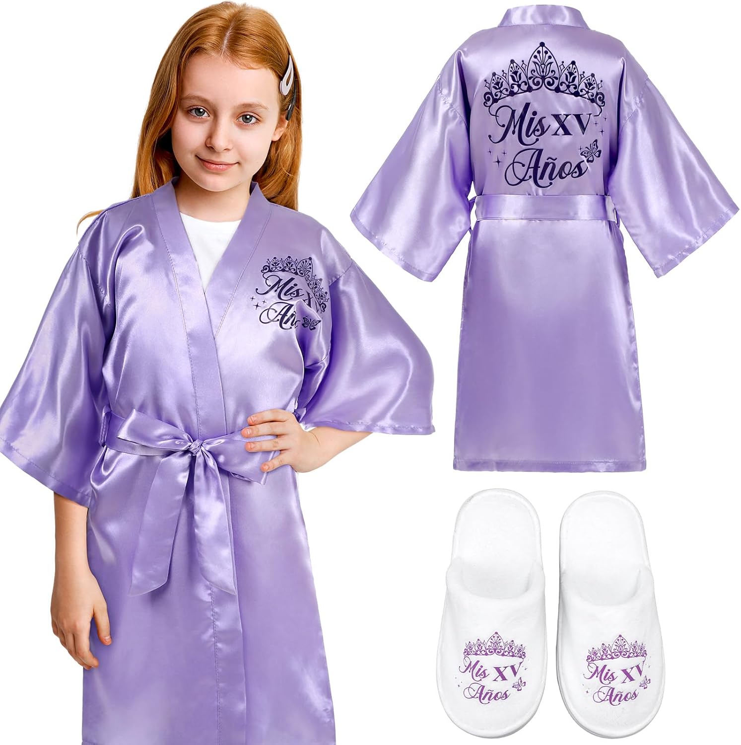 Skicuff 2 Pcs Quinceañera Robes and Slippers Set for Mis Xv Anos Purple Satin Quince Robes Women Quince Gift for Quinceañeras Birthdays Wedding Pajamas Party, Purple S/m for 4-8