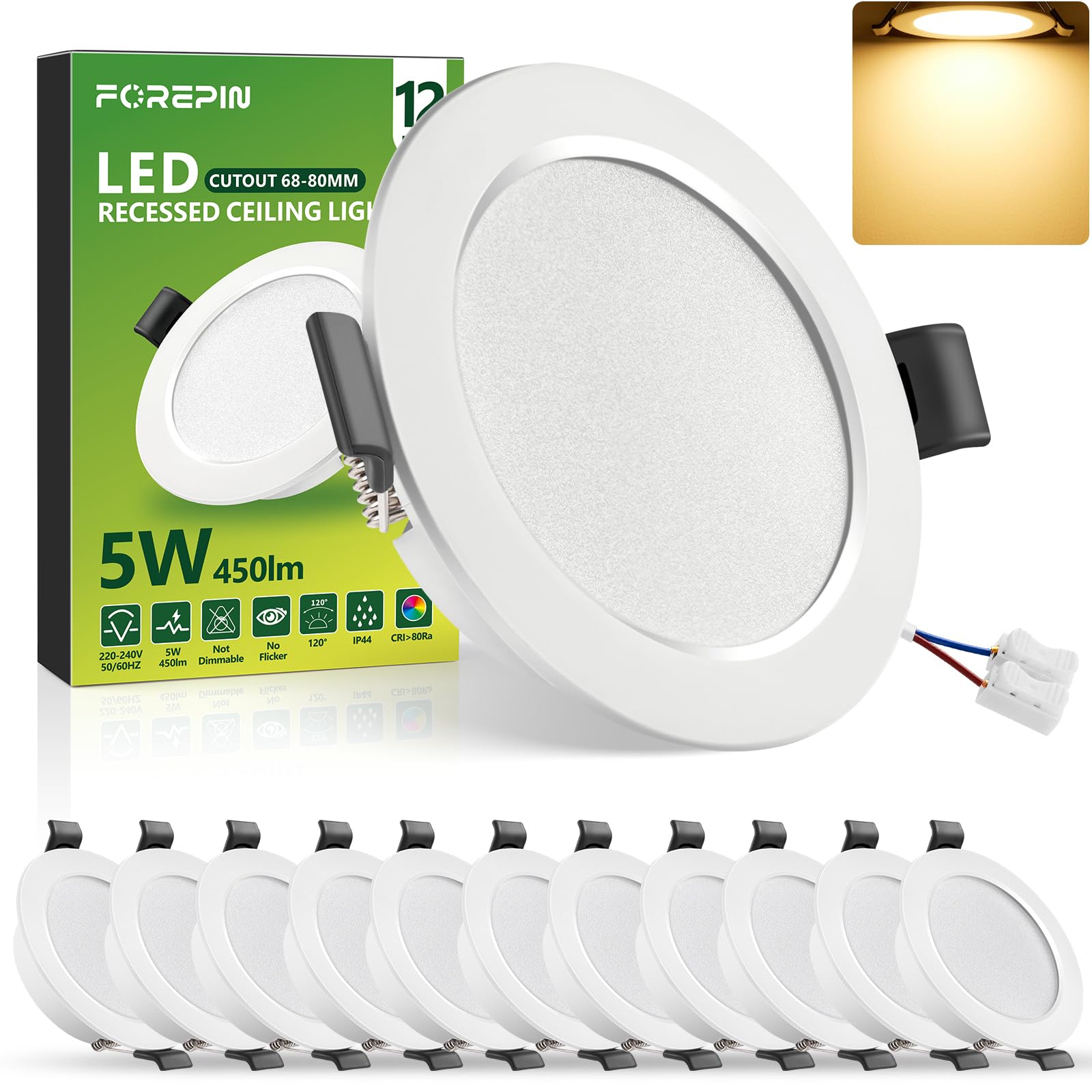 Downlight LED Techo Empotrable 5W, Focos LED Interior Techo 450LM, Blanco Cálido 3000K, IP44 Ojos de Buey Redondo, para Baño Cocina Salón, Extraplano 25mm, Φ68-80mm, Pack 12