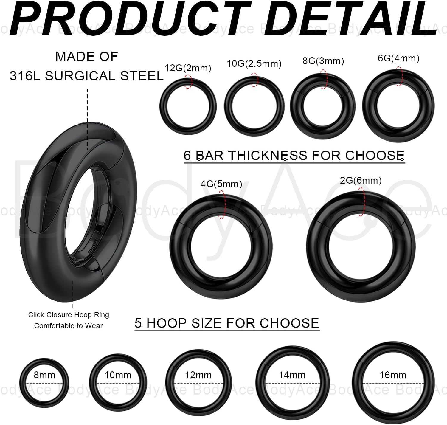 BodyAce Black Hinged Segment Clicker PA Rings, 2G 4G 6G 8G 10G 12G Large Spring Action BCR Rings, Surgical Steel Septum Nose Rings Ear Gauges Earrings Hoops - Image 2