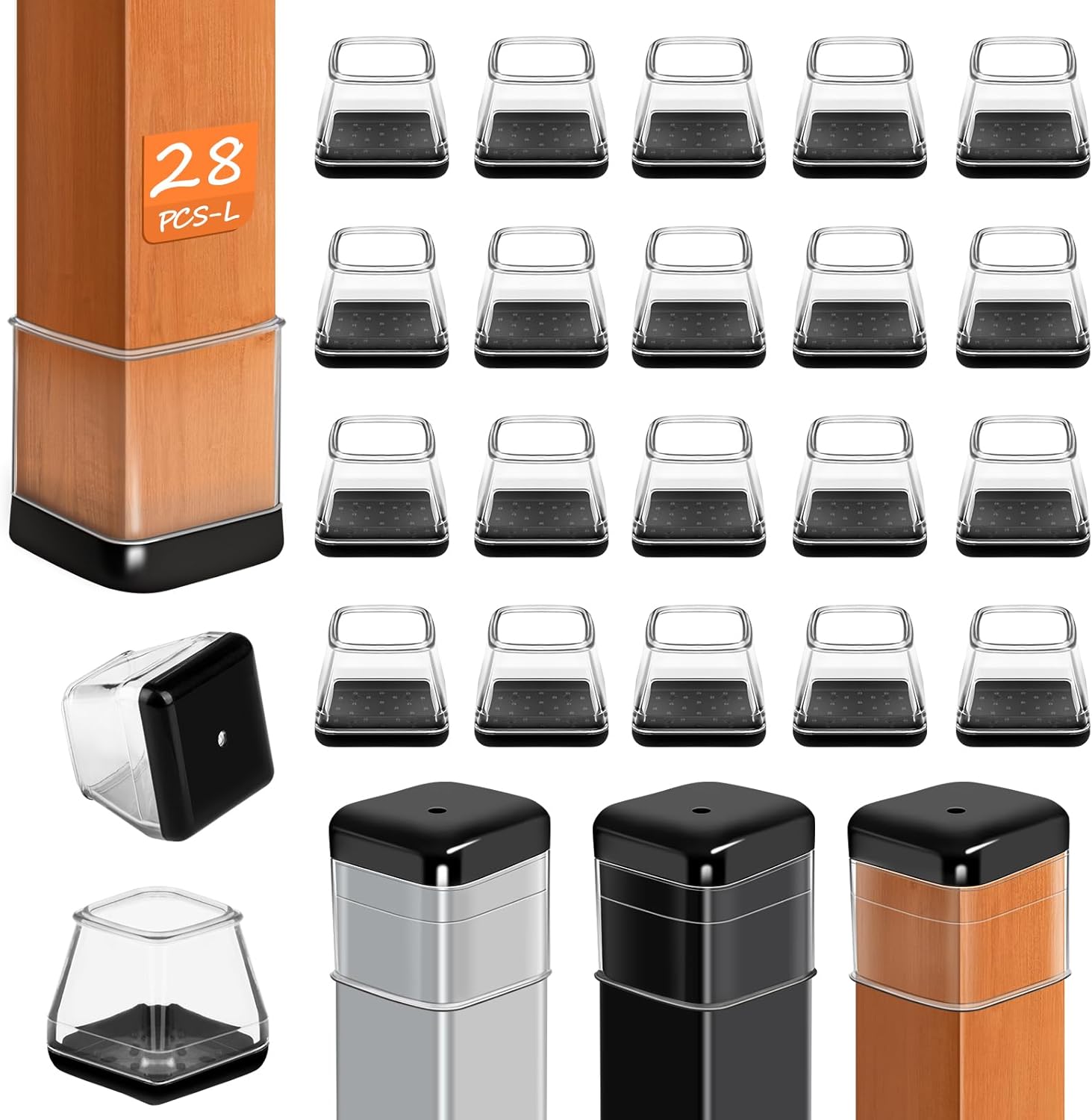 28 Pcs Chair Leg Sliders for Carpet Rug, Square Chair Leg Floor Protectors Glides, Dining Room Furniture Foot Caps, Silicone Covers with Plastic Pads, No Scratches (Fit:1-1/8"~1-7/16", Clear)