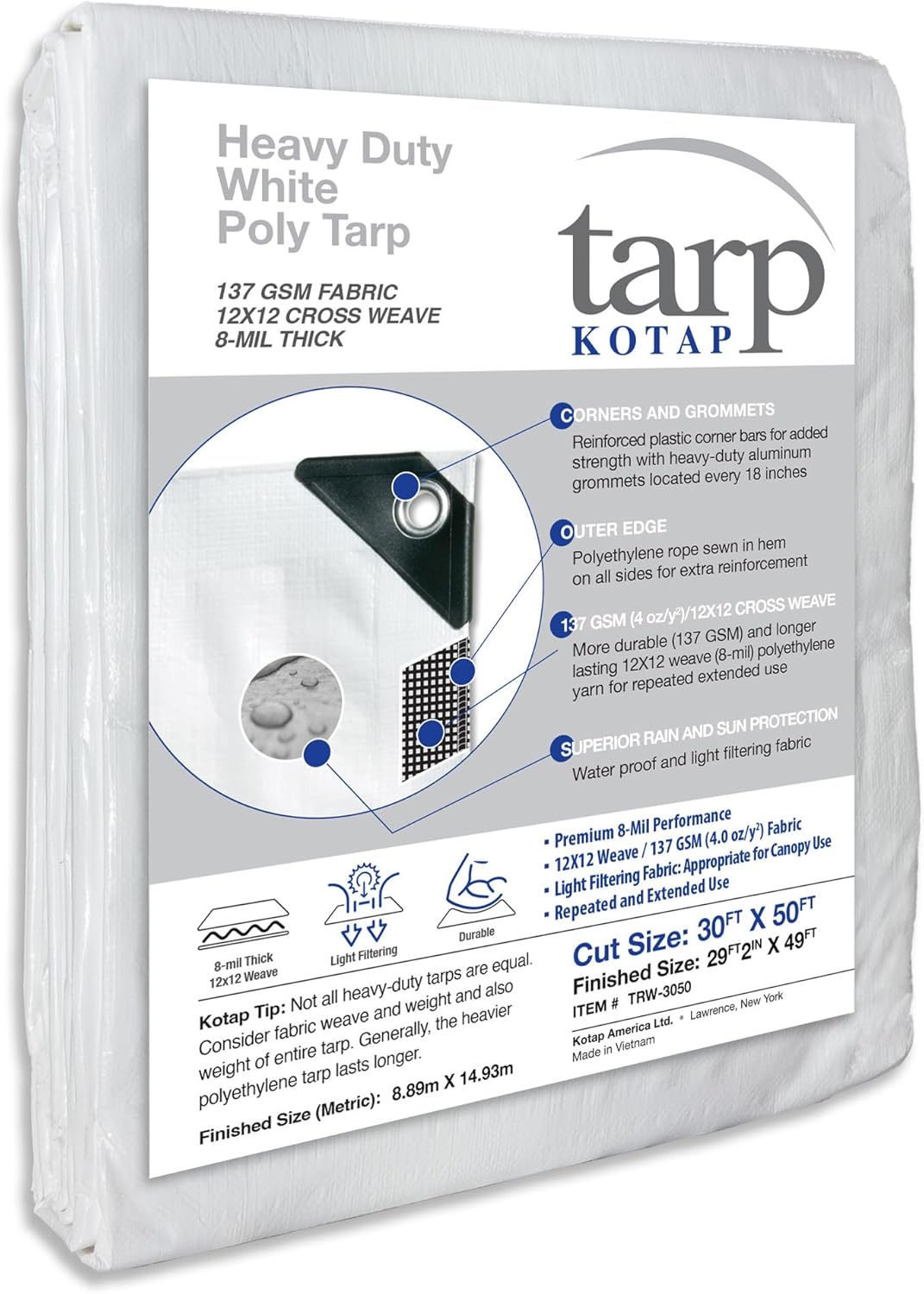 Kotap 30 x 50 Ft. Heavy-Duty Protection/Coverage Tarp, Superior Weave for Greater Longevity 8-mil, Multi-Use, Waterproof, White, 1-Pack (TRW-3050) Heavy-Duty 137 GSM White 30 x 50 Ft.