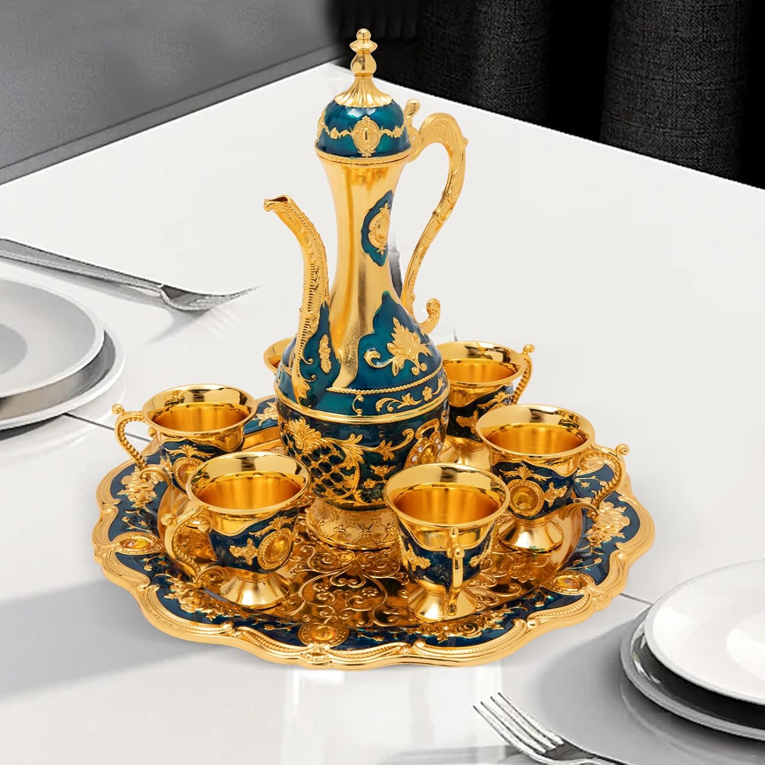 Turkish Tea Set, Vintage Turkish Coffee Set with 8.45Oz Pot and 6 1.01Oz Cups for Home Decor Birthday Christmas Housewarming Wedding Restaurants Hotels Offices Tea Art Galleries (Blue)