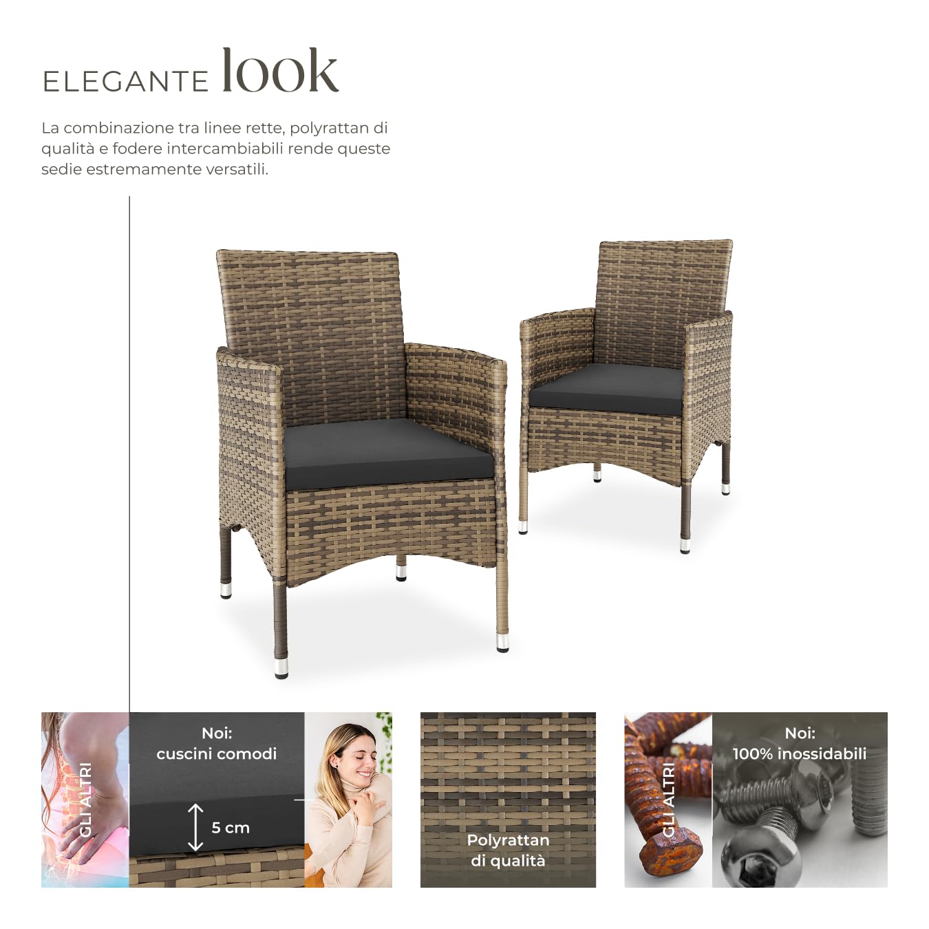 tectake® Set di 2 Sedie da Giardino in Poly Rattan di Alta Qualità, 4 Rivestimenti di Ricambio, Design Moderno con Morbidi Rivestimenti Beige e Grigio, Imbottiture Rimovibili - Naturale/Grigio Scuro