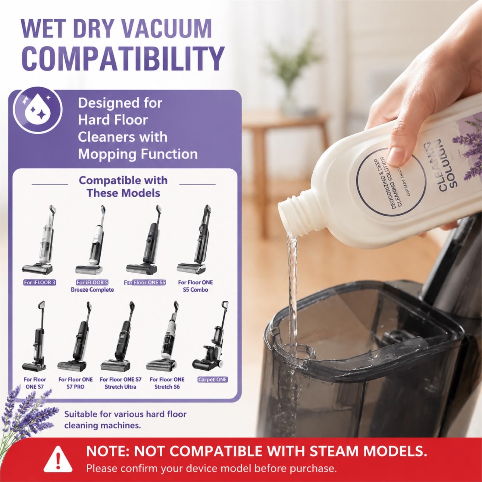 Limpiador for Pisos Duros, 500ML X 5, Aroma Lavanda, Eliminador Profundo de Olores, Fórmula Baja Espuma, Compatible con Tineco Robot Fregador/Aspiradora Wet Dry