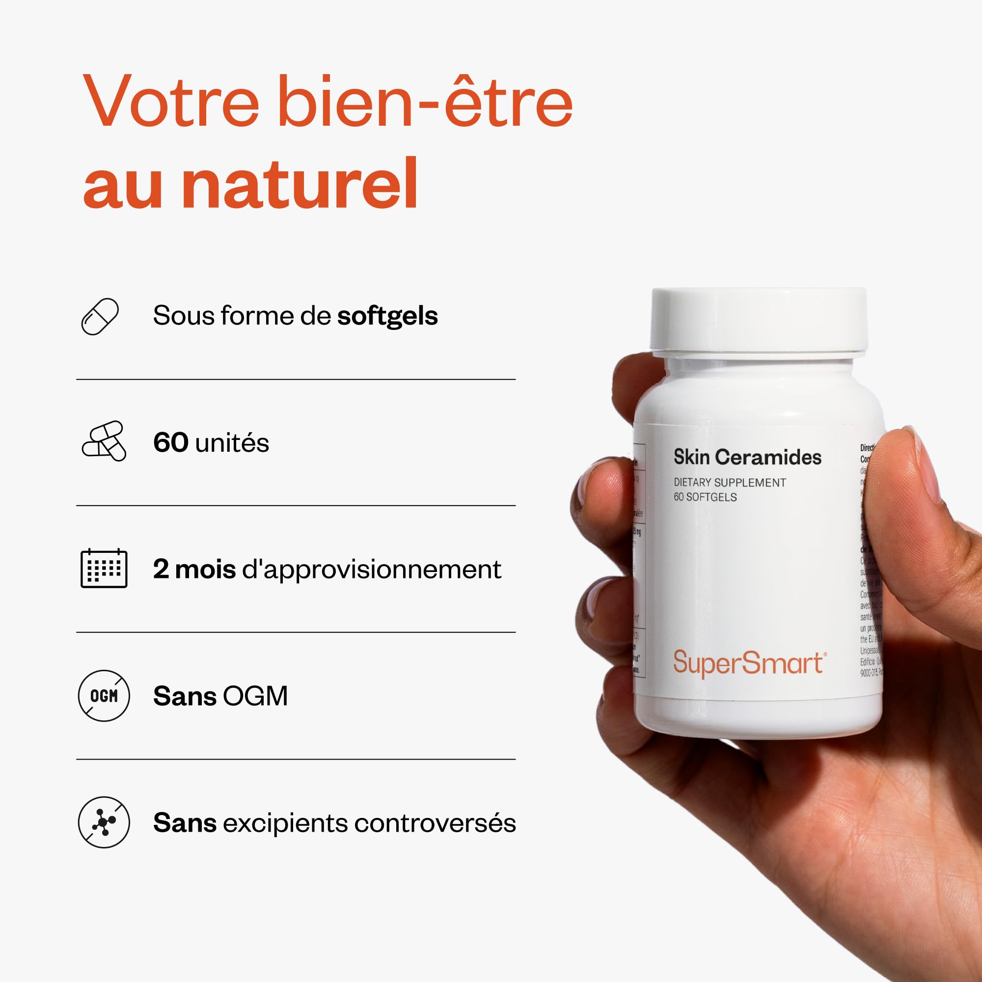 Skin Ceramides - Lipowheat™ - Aide à Améliorer l’État Général de la Peau (Éclat, Hydratation, Elasticité, Rides) - Contient du Zinc qui Optimise la Santé de la Peau - Supersmart