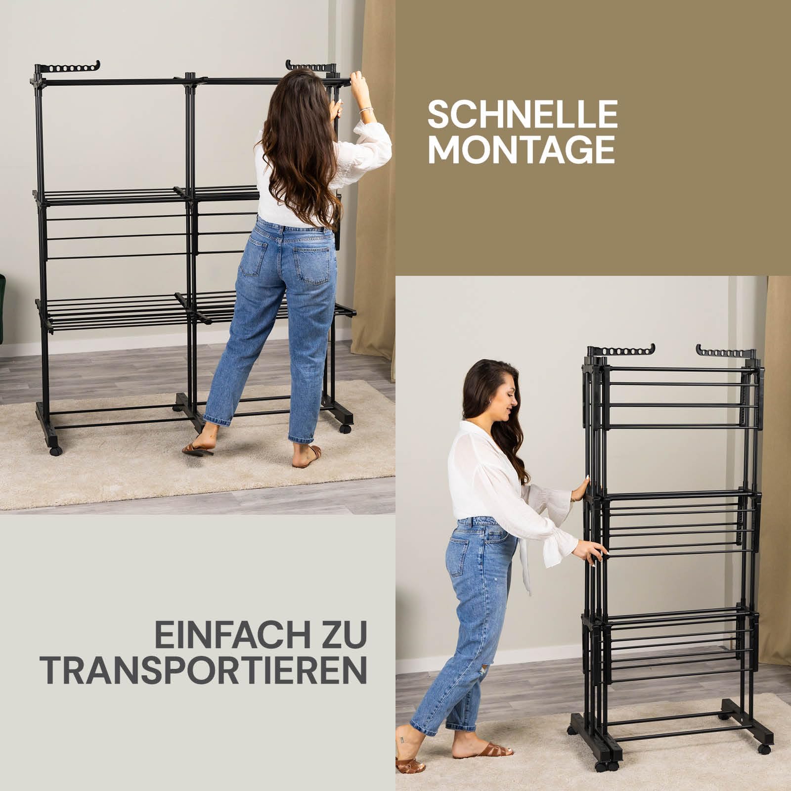Vitapur Wäscheständer VertyDry Duo, Vertikaler Wäscheständer, 3-stufiger Turmwäscheständer Holz, Platzsparender Hoch Standtrockner für Balkon, XXL Wäschetrockner Ständer