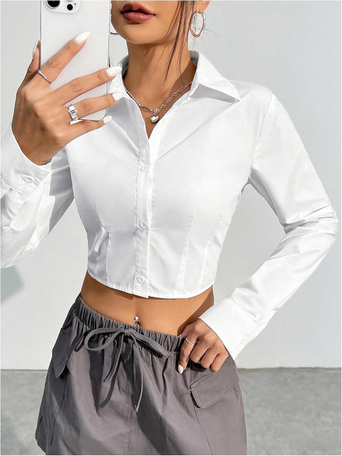 SweatyRocks Women's Solid Crop Button Up Shirt Collared Long Sleeve Fitted Blouses Tops - Image 4