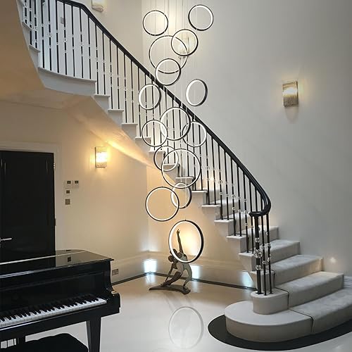 Miniatura 2 de Candelabro moderno para entrada, lámpara larga de 15 anillos para techo alto, candelabros de lujo para vestíbulo, lámpara de techo alto, lámpara de