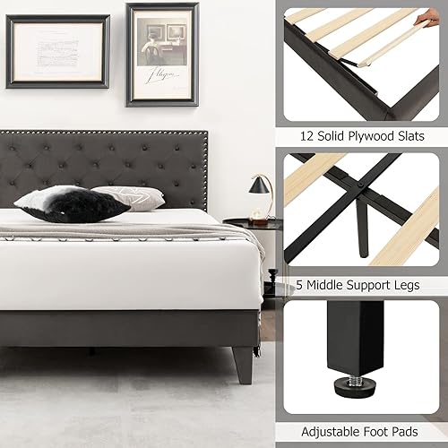 Miniatura 5 de KOMFOTT Base de cama tapizada tamaño matrimonial, base de cama de plataforma con cabecera copetuda y estribo acolchado suave, base de colchón con