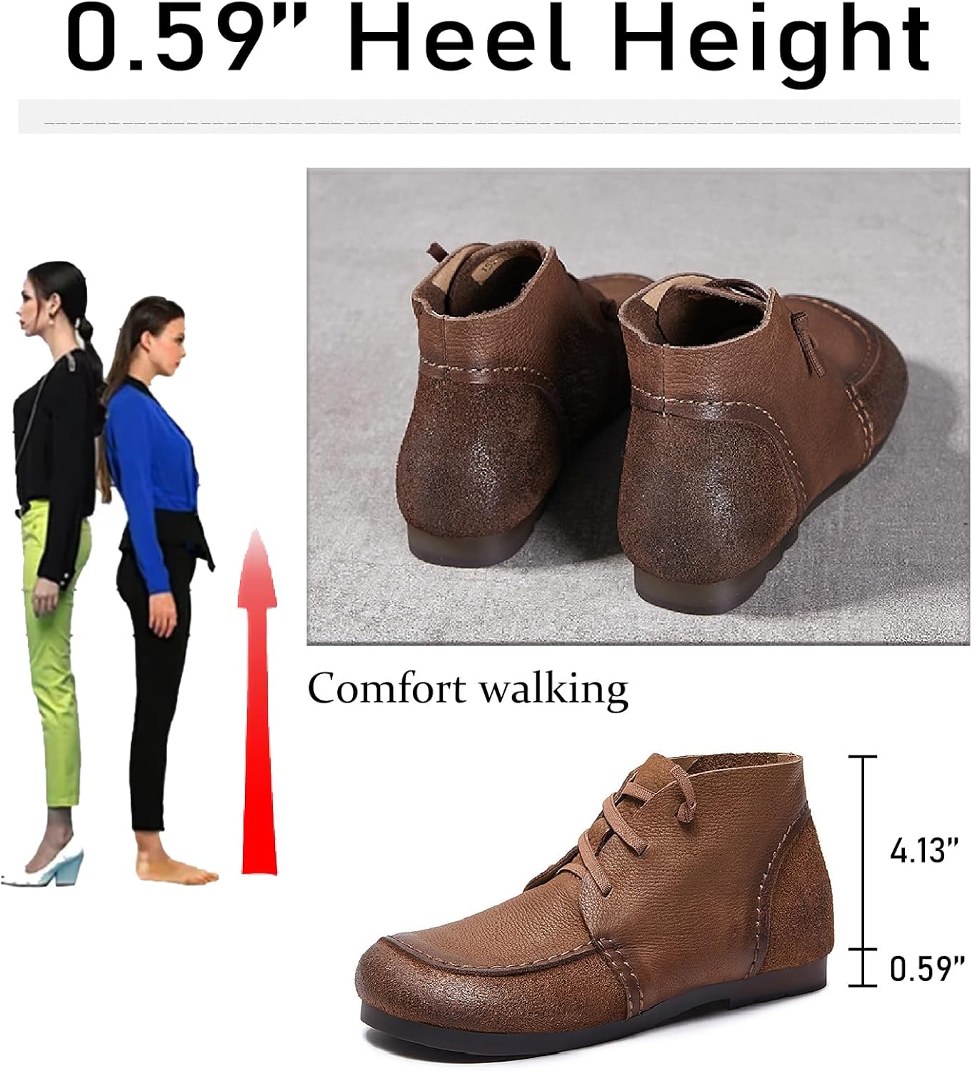 Women's Genuine Leather Flat Ankle Boots with Elastic Lace-up Retro Comfortable Round Toe Anti-slip Soft Bottom Casual Booties for Work Daily Walking Boots
