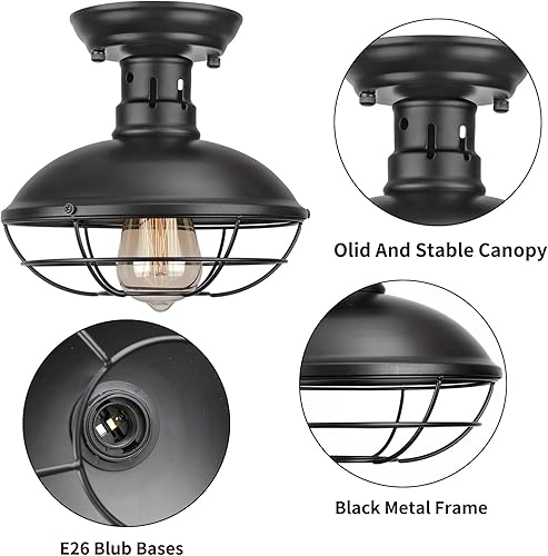Miniatura 3 de Easric - Paquete de 2 lámparas de techo de montaje empotrado estilo casa de campo, lámpara de techo industrial rústica, jaula de metal negro, base