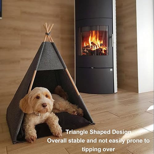 Miniatura 8 de HEEPDD Tienda de campaña tipi para mascotas, cama tipi para perros, casa de cachorro, plegable, material de fieltro, cama para gatos y perros con