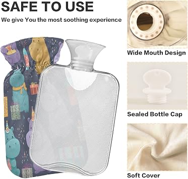 Birthday Party Hippo Hot Cold Water Bottle with Fleece Cover PVC Hot Water Bag 1 Liter