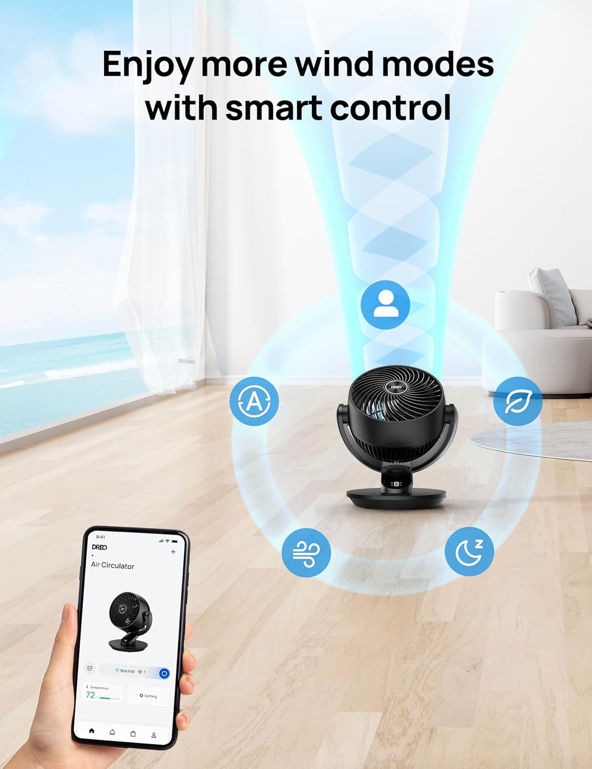 Dreo Smart Fan DR-HAF001S with smartphone app interface