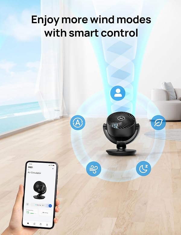 DREO Smart Fan for Bedroom,120° Vertical and 90° Oscillating Fan with Remote/Voice, 13 Inch Height Quiet Air Circulator for Whole Room, 70 ft, 4 Speeds, 5 Modes, 12H Timer, Desk Fans for Home，Black by DREO - Image 5
