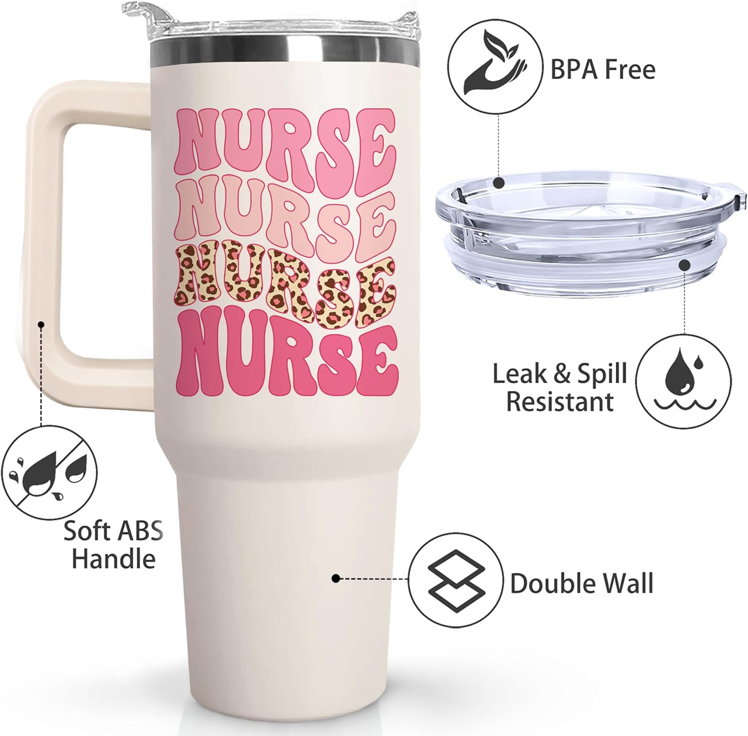 Ceovfoi 40 oz Nurse Vacuum Insulated Water Bottle Travel Coffee Mug Cup Tumbler with Handle Lid and Straw,Nurse Gifts for Women