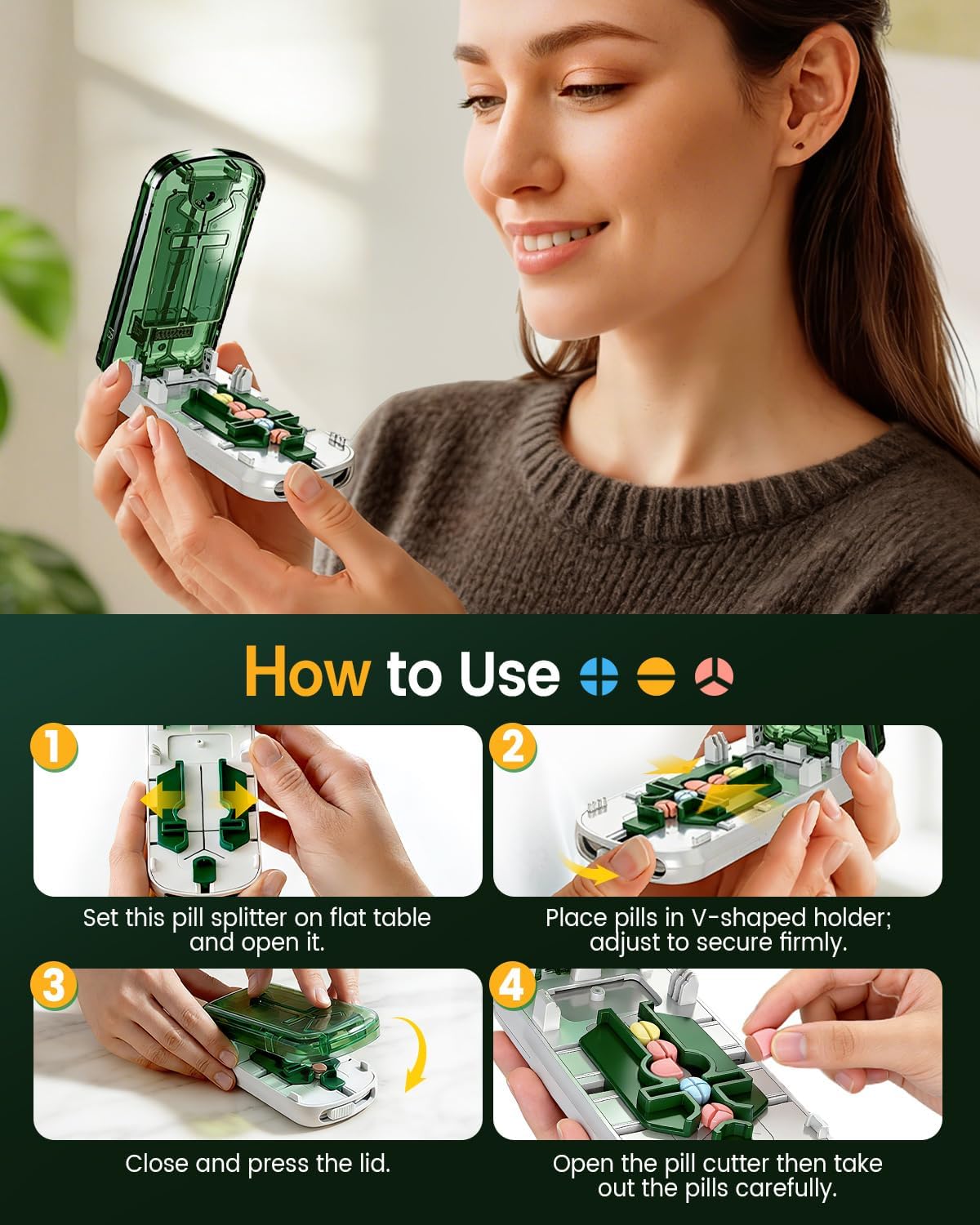 Professional Pill Cutter for Small Pills, 3-in-1 Pill Cutter Splitter for Small or Large Pills-Safely Cuts 1/2, 1/3, and 1/4 Multiple Pills Splitter, Adjustable Pill Cutter with Storage Box (Green)