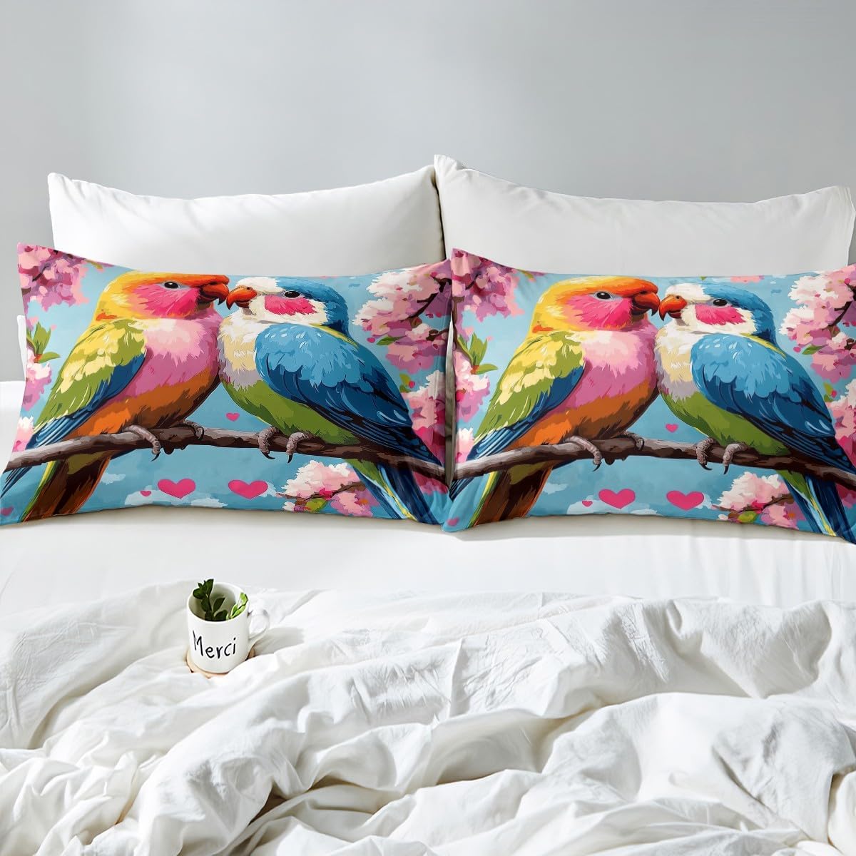 Erosebridal Parrot Bed Sheets Full 3 Piece | Sakura Japanese Style Fitted Sheet with Deep Pocket,Bird Animal Bedding Set Pink Heart Pattern Sheets Soft,1 Fitted Sheet with 2 Pillowcases