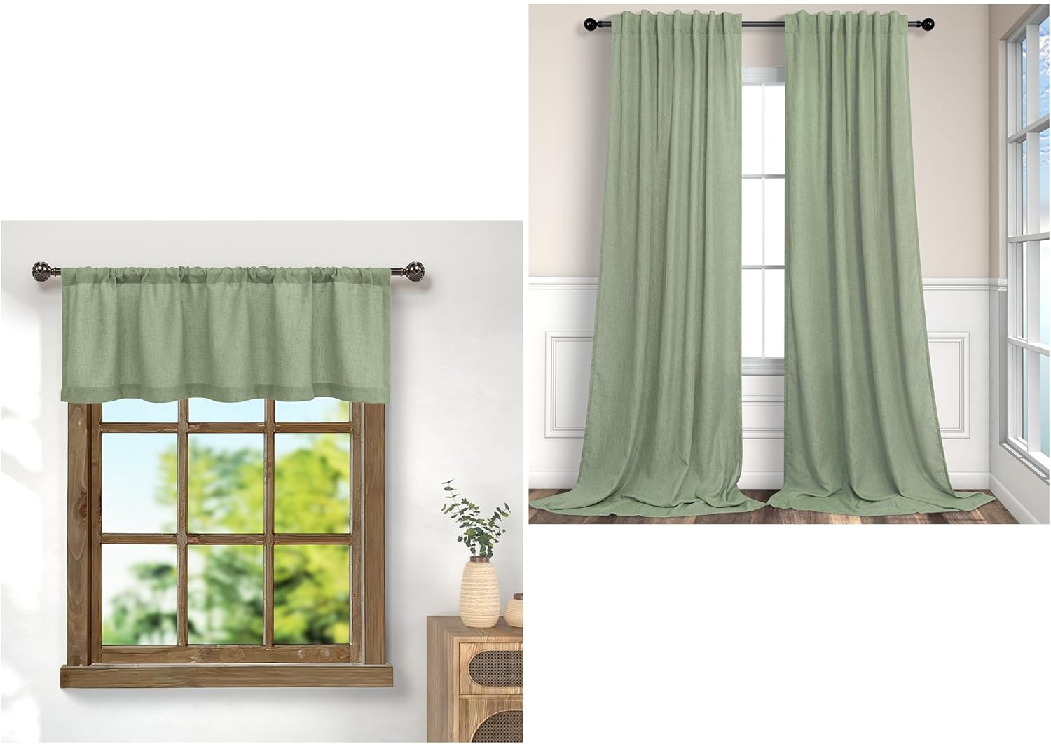 Pitalk 18 Inch Light Sage Linen Sheer Valance for Window and 84 Inch Light Sage Linen Back Tab Curtains Bundle for Living Room Bedroom Farmhouse Decor