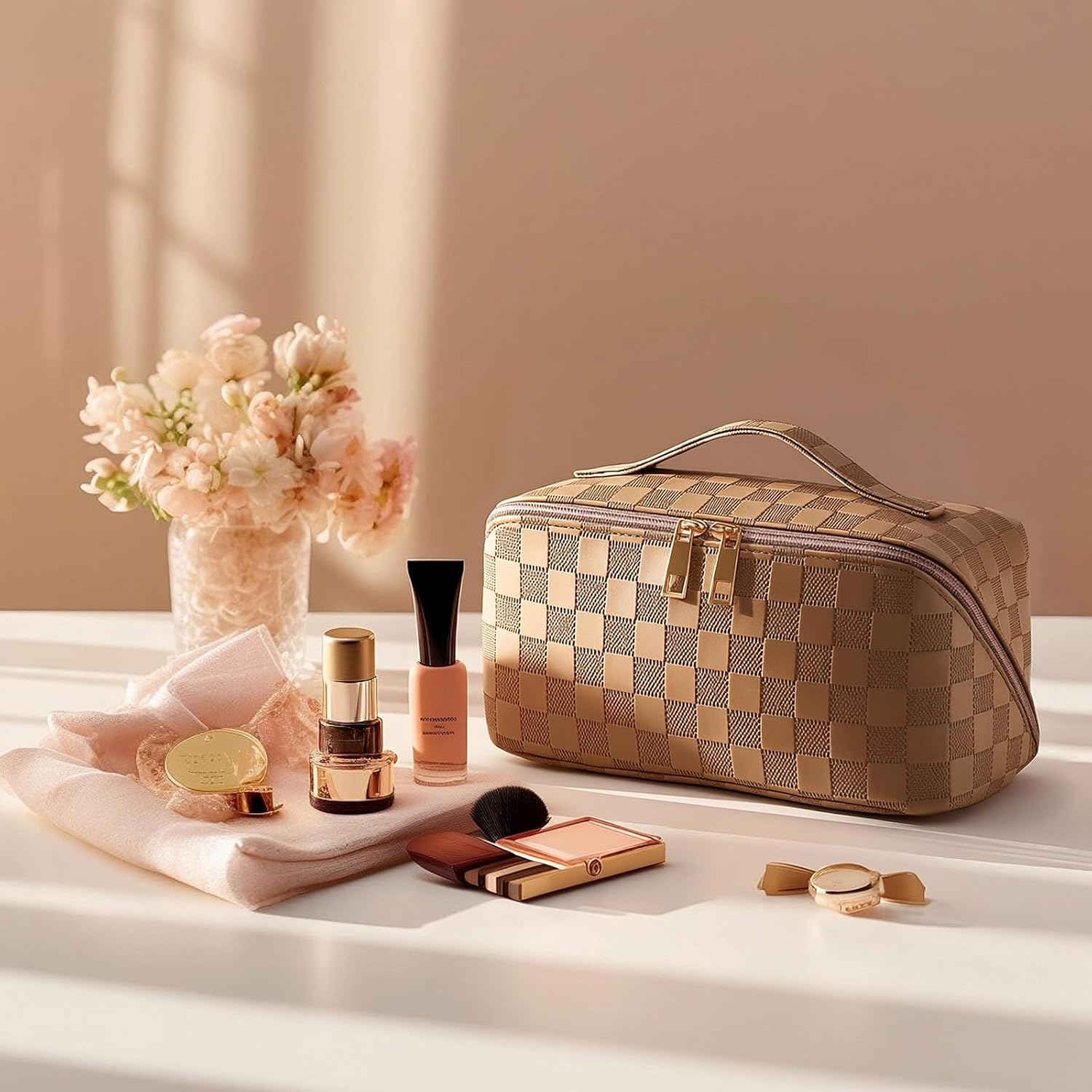 Travel Makeup Bag for Women Large Capacity Cosmetic Bag Water-resistant PU Leather Organizer Bag with Handle Toiletry Bag