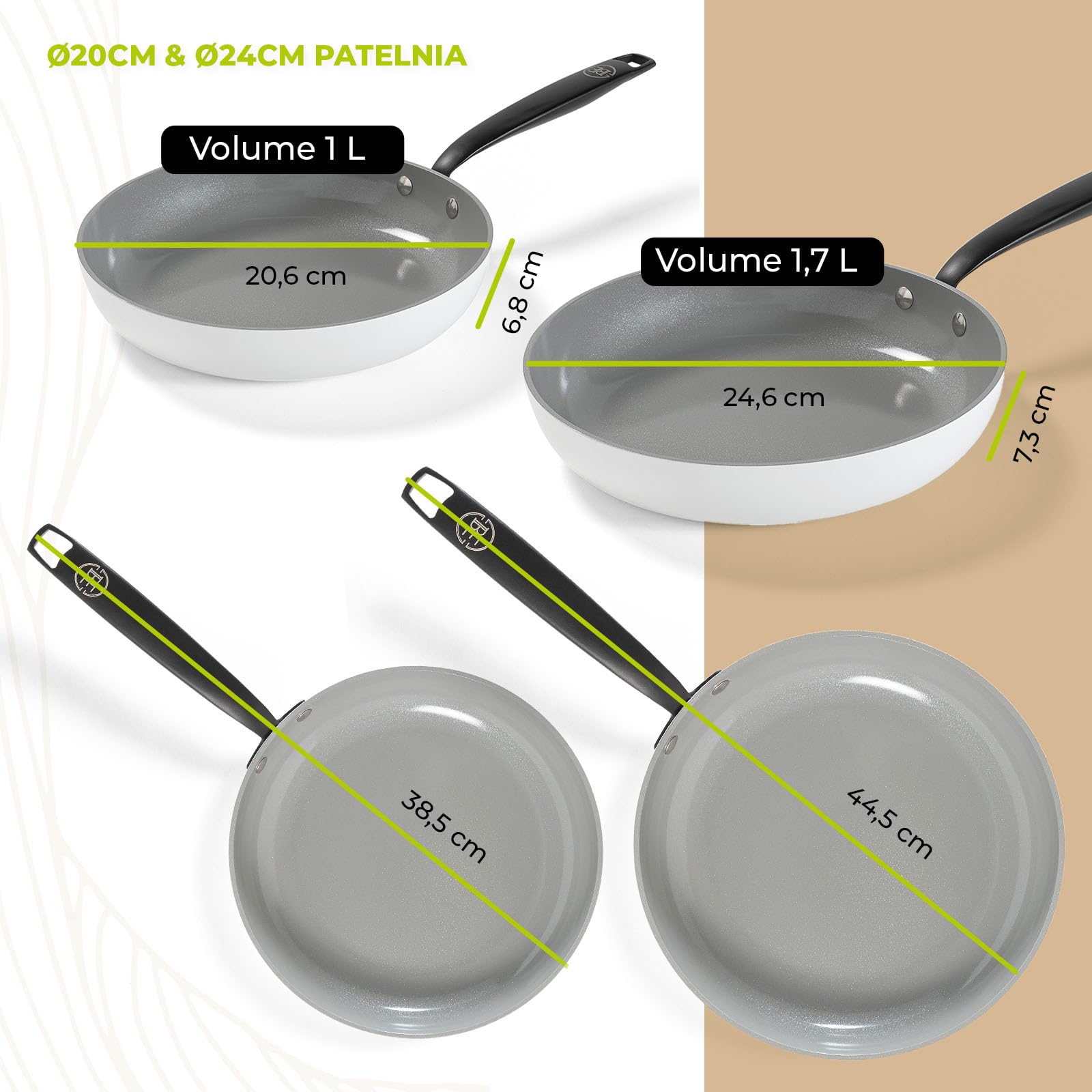 BE Living Essential 5-częściowy zestaw patelni, patelnia do smażenia, patelnia do smażenia, patelnia do sosa, przykrywka, ceramika, bez PFAS, indukcja, biały