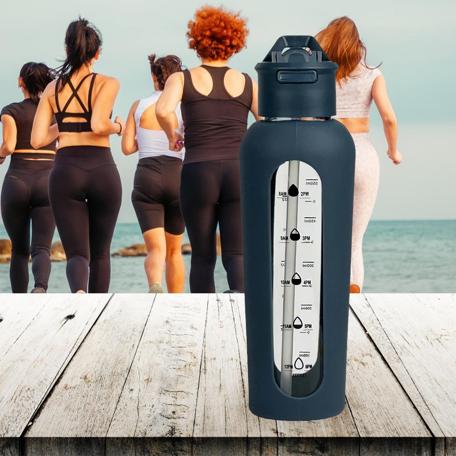 Milageto Glaswasserflasche, Trinkflasche, motivierende Weithals-Sportflasche, Wasserkrug für Radfahren, Workout, Outdoor-Sport, Fitness
