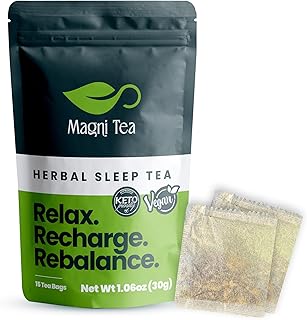 MagniTea Herbal Sleep Aid Magnesium Glycinate Muscle Relaxation Tea Ritual Valerian Root Bedtime Solution Natural Alternative KETO Friendly Vegan Certified Zero Sugar Chamomile Blend Stress Relief Melatonin Free