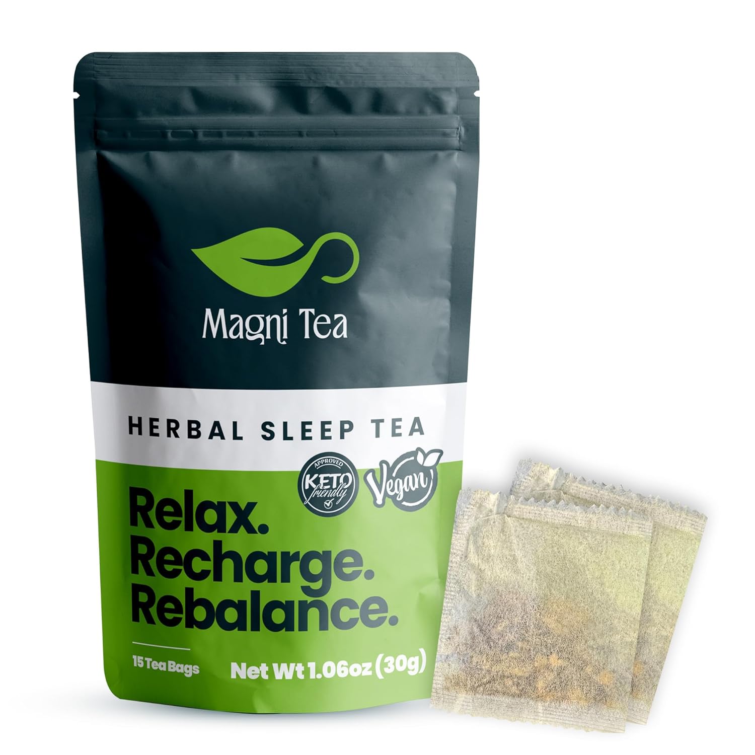 MagniTea Herbal Sleep Aid Magnesium Glycinate Muscle Relaxation Tea Ritual Valerian Root Bedtime Solution Natural Alternative KETO Friendly Vegan Certified Zero Sugar Chamomile Blend Stress Relief Melatonin Free