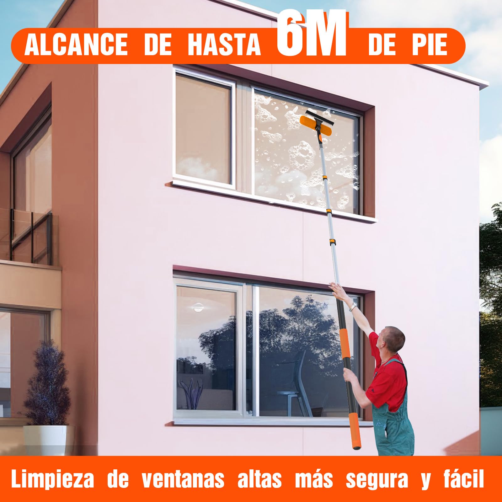 LAANPOLE Limpiacristales con Pértiga Extensible de 6m, Limpiavidrios 2-en-1 para Limpieza de Ventanas, Kit de Limpieza Profesional para el Hogar para Uso en Interior y Exterior