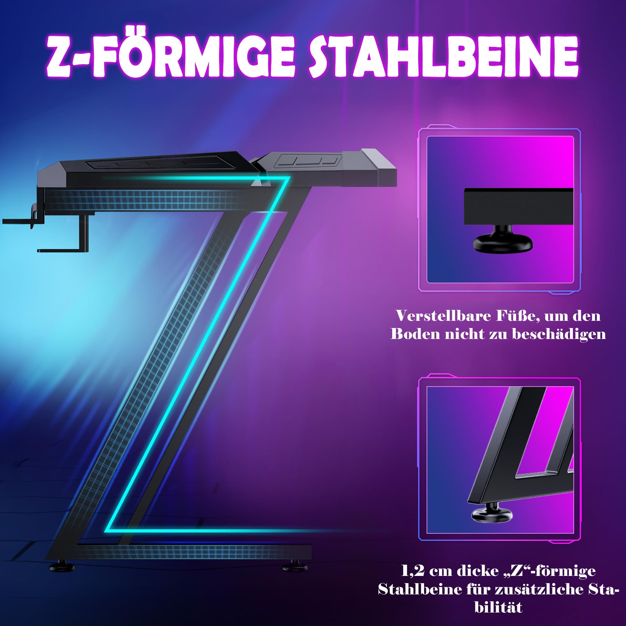 LED Computertisch mit Kohlefaser Beschichtung, Z-Frame Gaming Schreibtisch, Esport Ergonomischer Tisch mit Kopfhörerhaken Getränkehalter, Schreibtisch Perfekt für Schlafzimmer Büro(120x60x75cm)