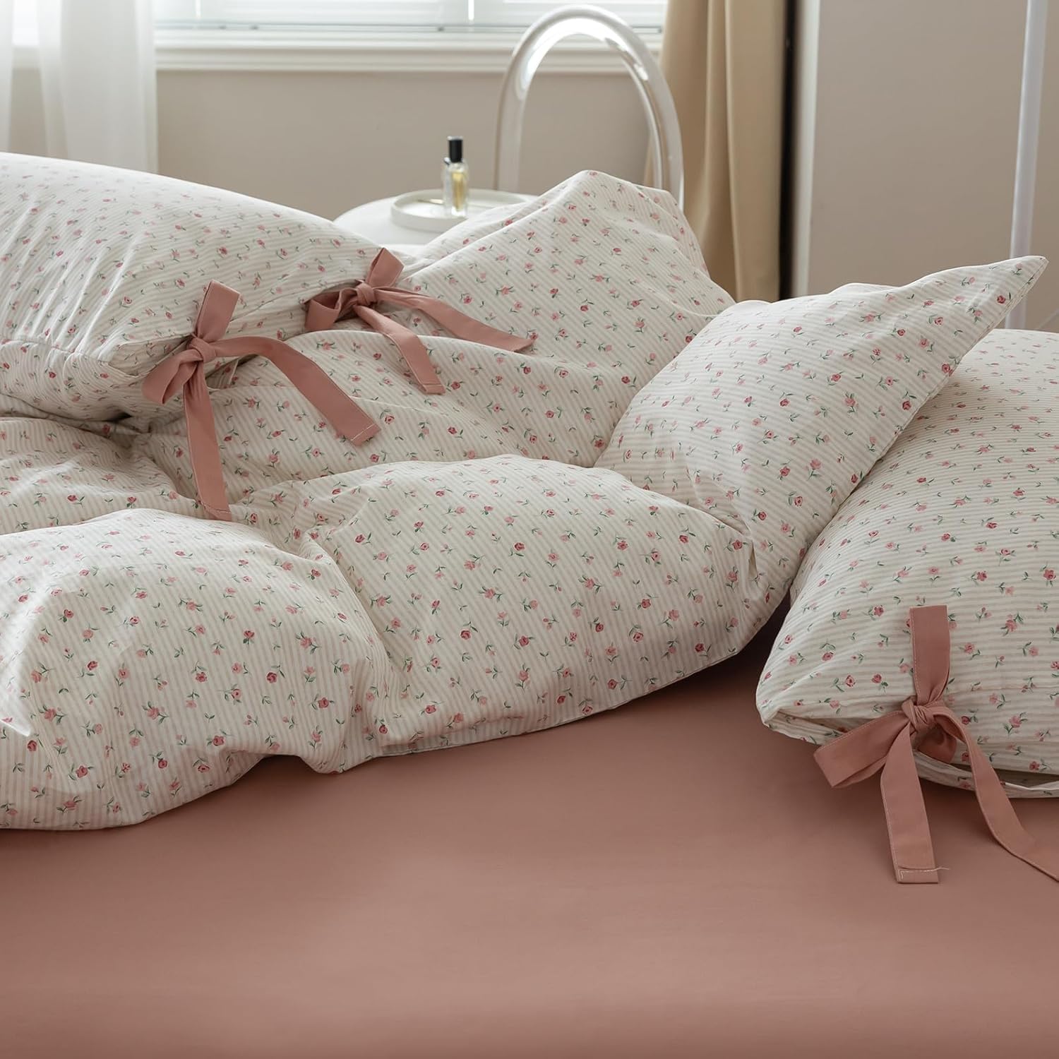 VM VOUGEMARKET Garden Flower Comforter Set Twin 3 Pcs Pink Stripes Bed Comforter with 2 Pillowcases for Teen Girls,Bed in a Bag Fluffy Cottagecore Comforter Set-68"x90" - Image 6