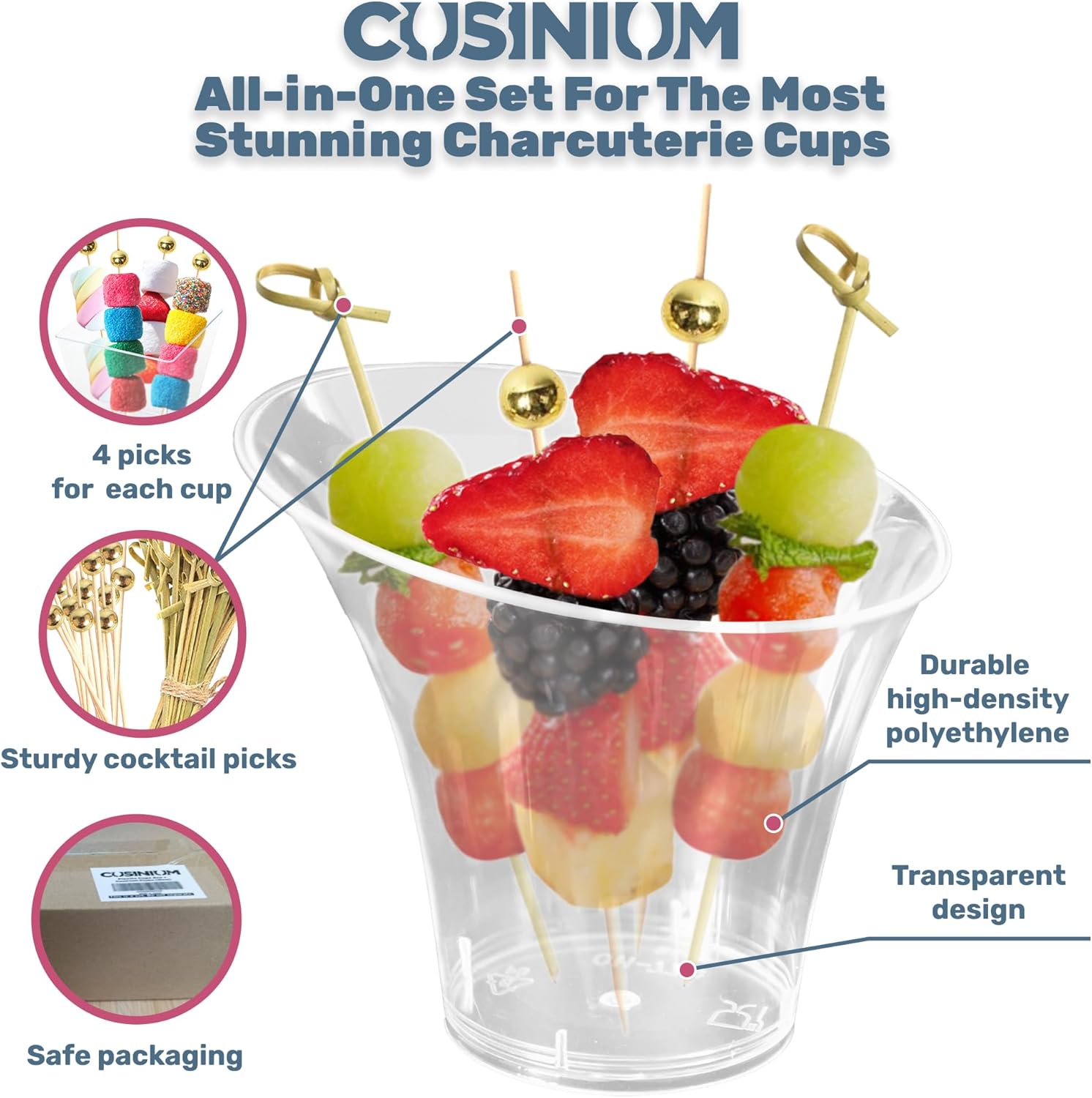 CUSINIUM Plastic: 50 pack of each 4.7 oz Dessert Cups + 4.9 ounce Clear Disposable Martini Glasses for Parties + 300-pcs Cocktail Picks (2 Types) Bundle