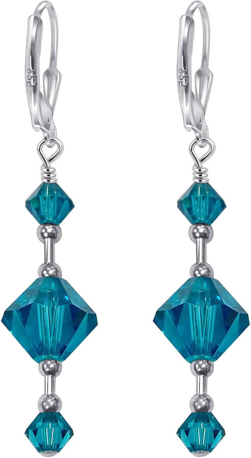 Handmade 925 Sterling Silver Leverback Dangle Earrings with 7mm and 3mm Bicone Austrian Crystals