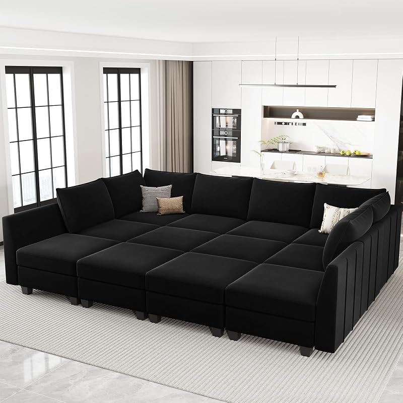 Belffin Oversized Modular Sectional Couch Sleeper Sofa with Storage Velvet Sectional Sofa Bed for Living Room, 12 Seats, Black