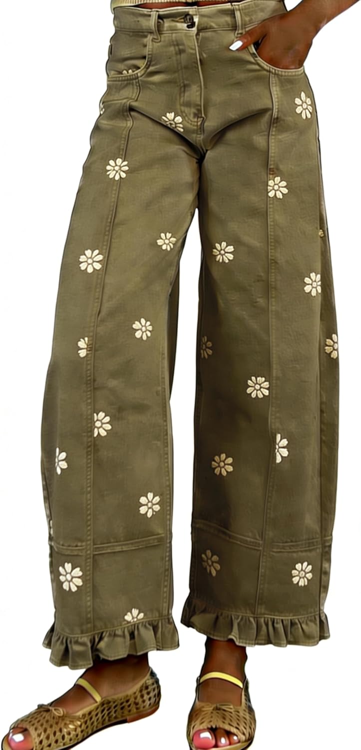 utcoco Barrel Jeans Women 2026 Floral Print Wide Leg Jeans Y2k Patchwork Baggy Boyfriend Denim Pants