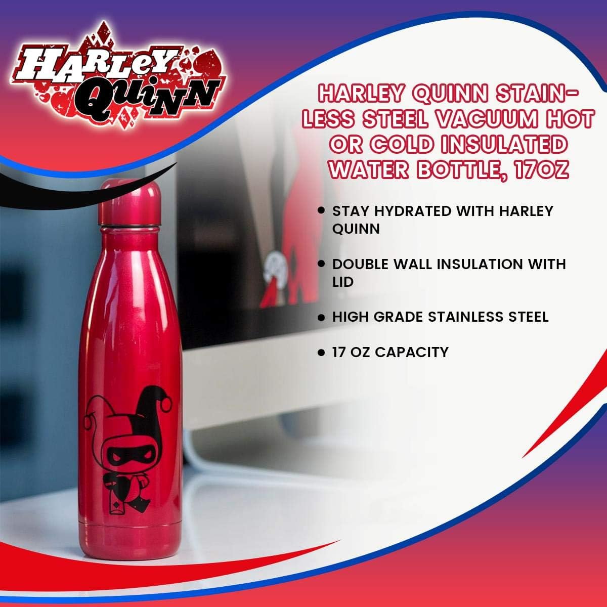 Harley Quinn Stainless Steel Vacuum Hot or Cold Insulated Water Bottle, 17oz