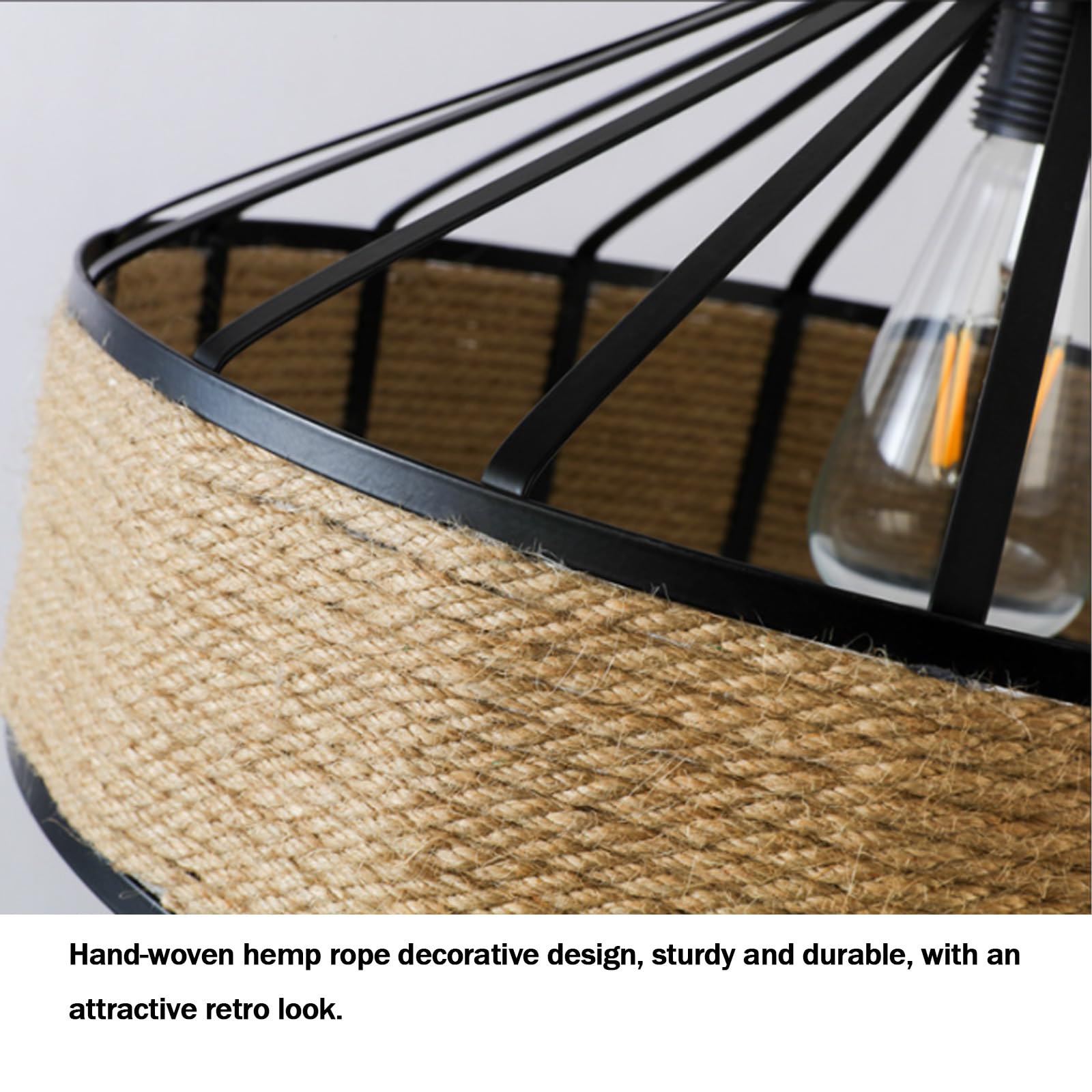 E27 Retro Esszimmer Hängelampe Kreativ Hanfseil Design Pendelleuchte Schwarz Eisen Rund Dekoration Kronleuchter (Ohne Glühbirne) für Wohnzimmer Küche Treppenhaus (60cm,B)