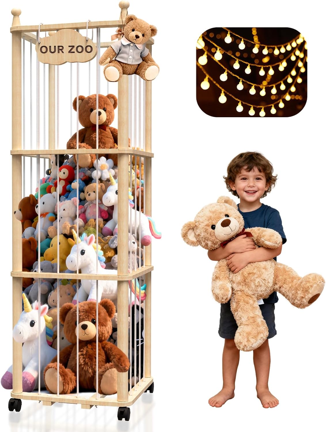 Stuffed Animal Storage, Wooden Stuffed Animal Holder with Brake Wheels, Toy Plushies Storage with Elastic Bands, Extra Large Toy Organizer & Display Cage for Nursery, Bedroom, Playroom