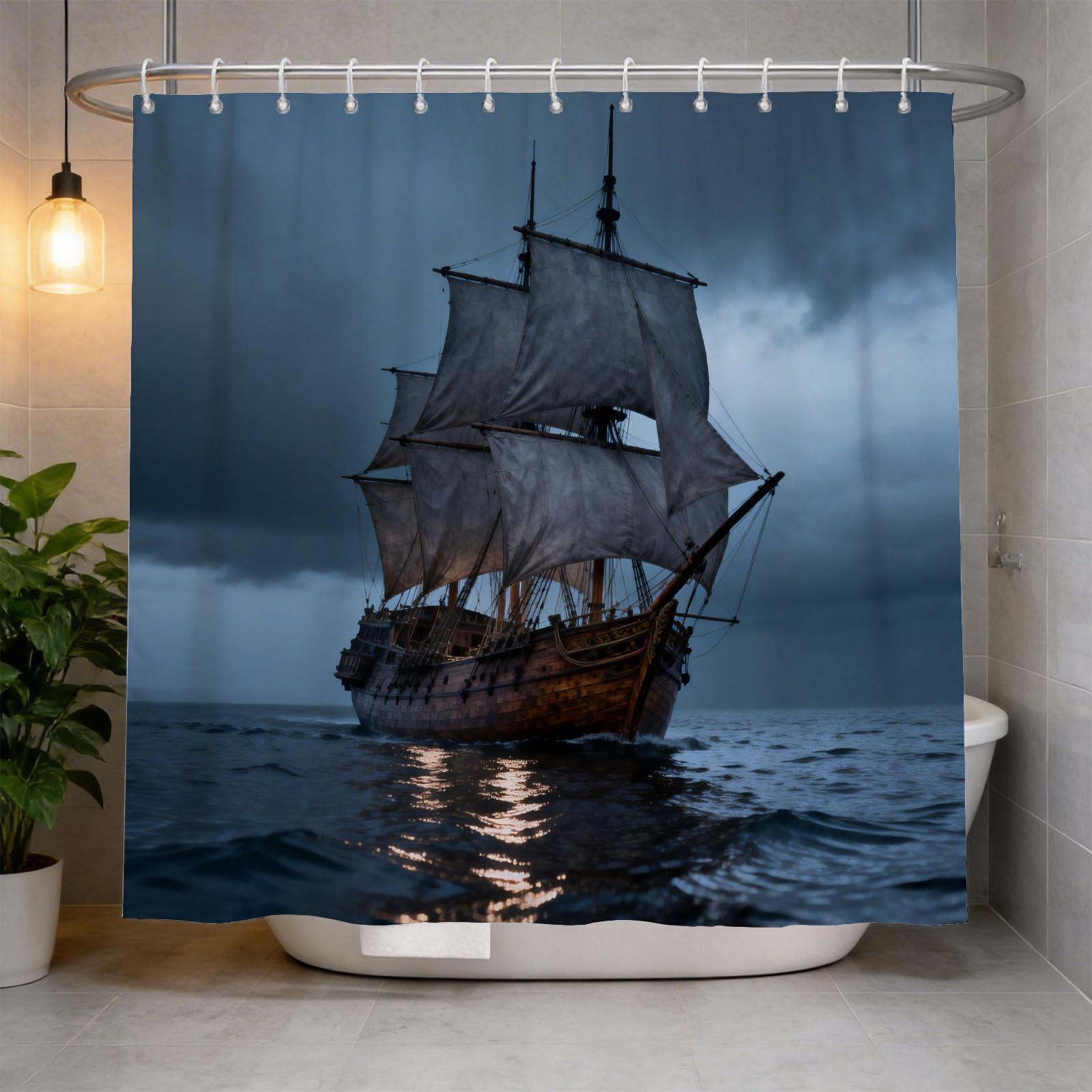 Hongduo White 3D Sailboat Shower Curtain For Stalls Bathtubs Sea Voyage Bathroom Decor Shower Curtain Set Polyester Fabric Waterproof 200X200cm/79X79 Inch With Hooks