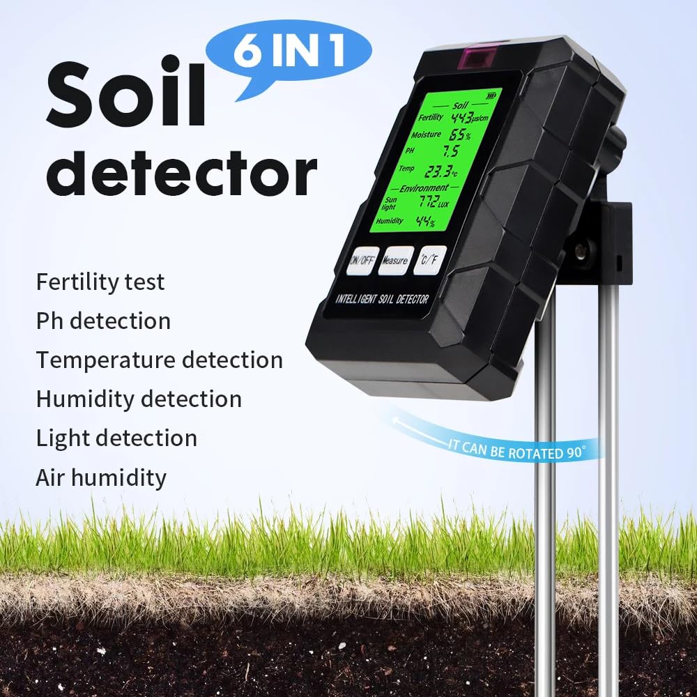 DollaTek Misuratore di terreno 6 in 1 Misuratore di umidità fertilità del suolo pH temperatura luce ambientale e umidità con schermo illuminato HD per la coltivazione di piante in giardinaggio