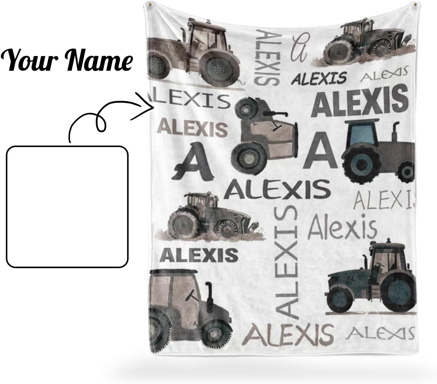 Personalized Tractors Blanket - Custom Name with Farm Tractor Trucks Design - Soft Plush Flannel Bed Blanket for Baby Kid Teen Boys Girls Customized Gifts White & Grey