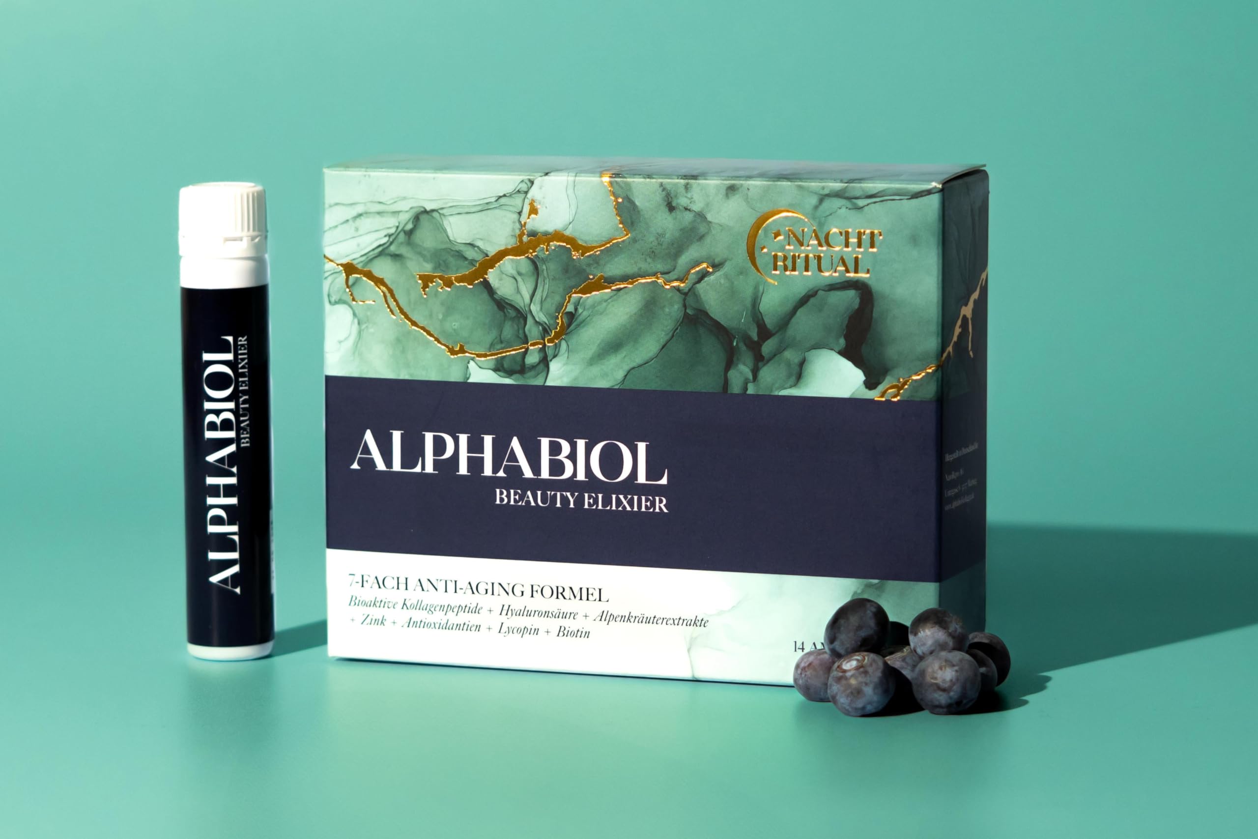 NanoRepro alphabiol Beauty Elixier, Nahrungsergänzungsmittel zum Trinken, mit Kollagen, Hyaluronsäure, Zink, Vitamin C, Vitamin E und vielem mehr, Unterstützung für eine schöne Haut