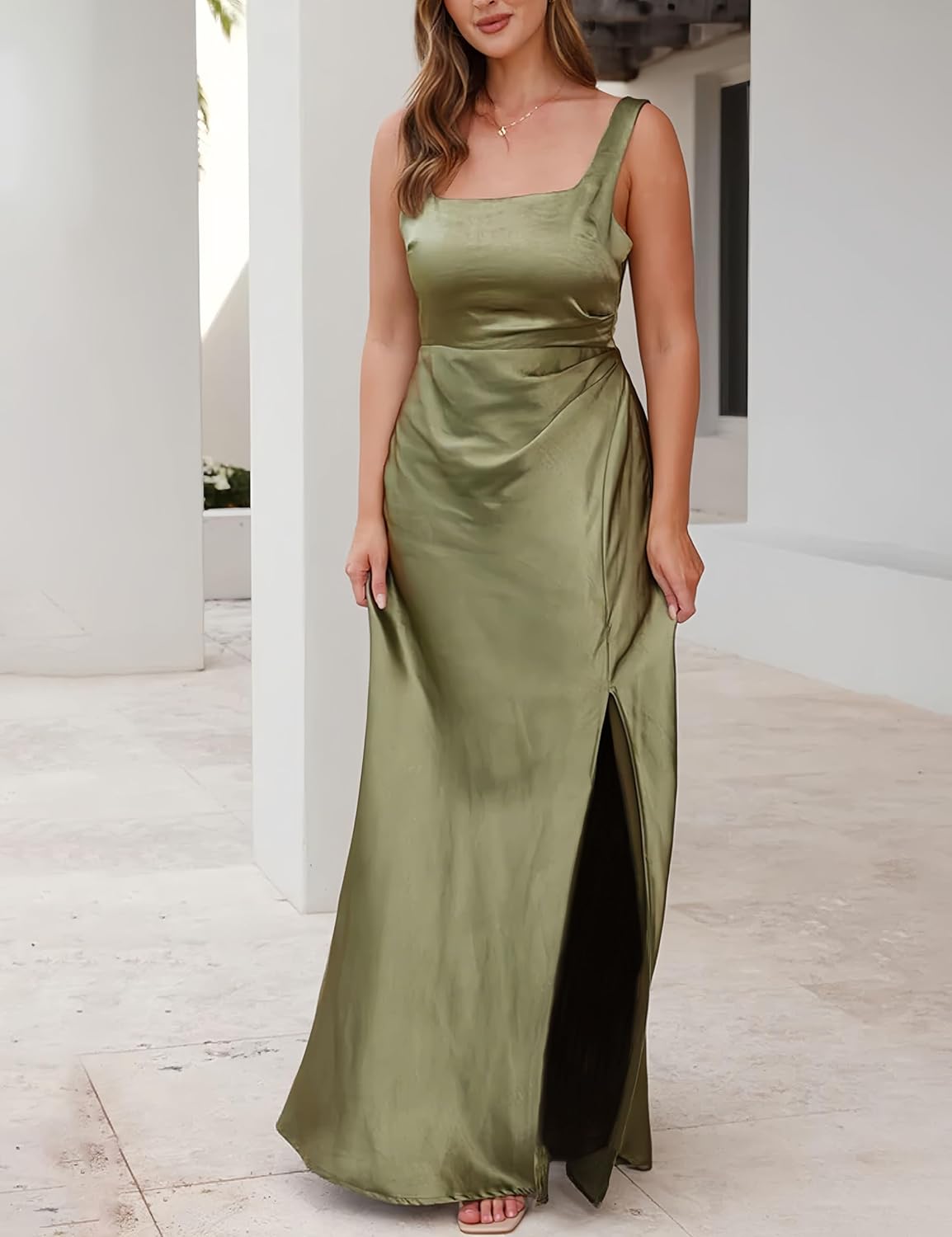 Fiemaoves Summer Vacation Satin Maxi Dresses for Women 2025 Square Neck Formal Elegant Tank Top Wedding Guest Dress with Slit