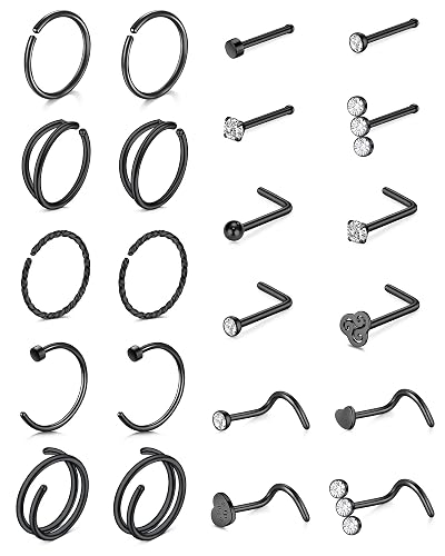 QWALIT 18g & 20g Nose Rings & Hoops - L & C Shape Studs - Surgical Stainless Steel & Silver Nose Piercing Jewelry - Rose Gold & Black - For Women & Men