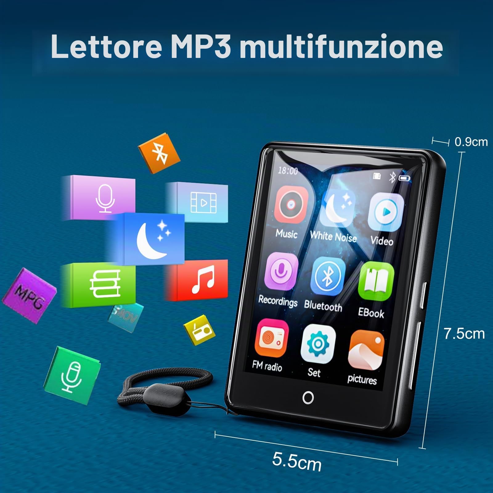 Lettore MP3 da 64 GB, Bluetooth 5.3, touch screen da 2,8 pollici, cassa in zinco, suono e altoparlante Hi-Fi, durata della batteria di 48 ore, rumore bianco (18 suoni), cuffie e custodia, espandibile