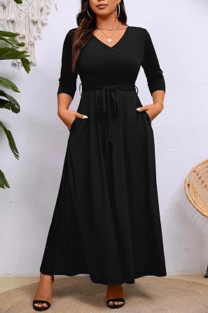 Runwind Plus Size Maxi Dress for Women 3/4 Sleeve Wrap Desses with Belt