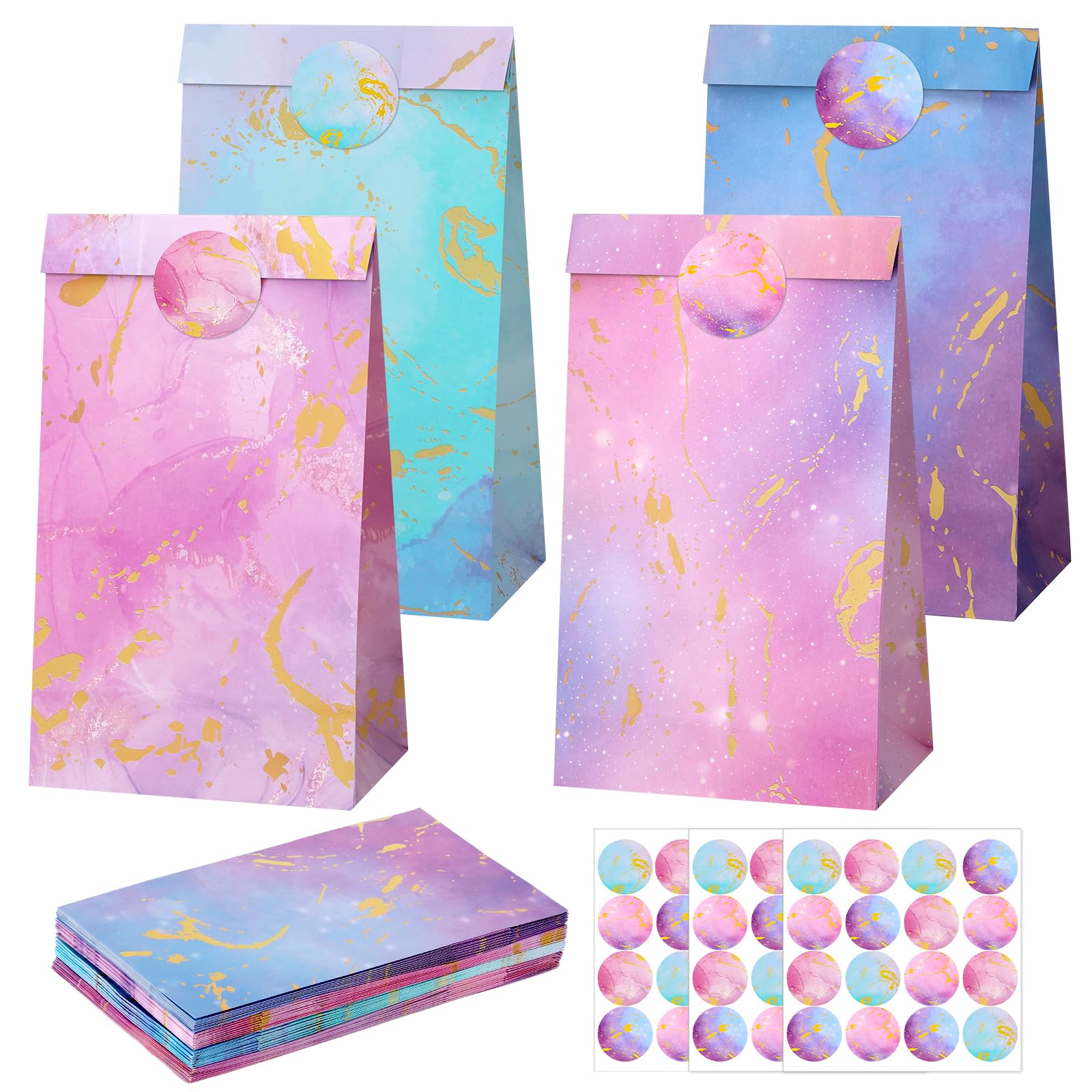 woric 36 Pcs Girls Party Bags, 24x13x8cm Pastel Sweet Bags with 48 Stickers Party Favour Bags for Birthday, Wedding, Baby Shower, Party, Candy, Cookies (4 Styles)