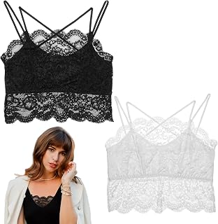 Lace Camisole Tops for Women, 2 Pcs Lace Bralette Stretch Lace Tank Tops for Women Low Neckline Cleavage Cover (White, Black)