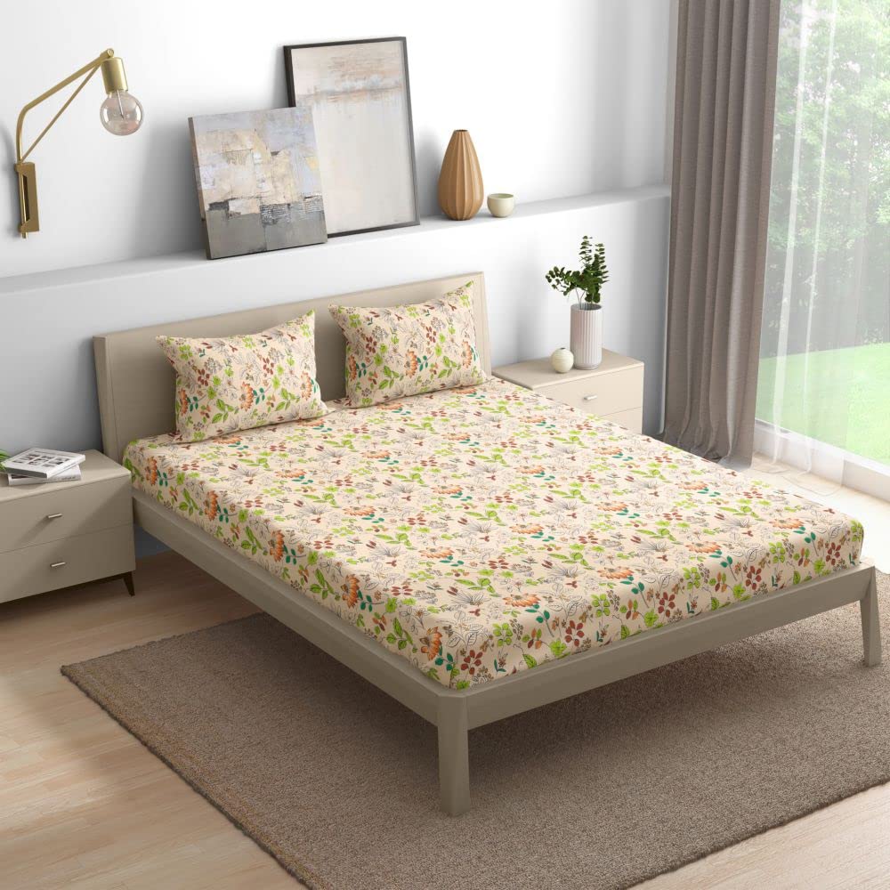 Wakefit Cotton Fitted Bedsheet | 200 TC Elastic Fitted Sheet, Queen Bed Bedsheet with 2 Pillow Covers | Dahlia - 78x60 inches